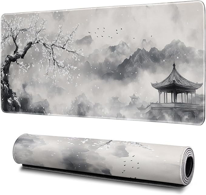 Watercolor Cherry Blossom Mouse Pad Abstract Black Mouse Pad 31.5x11.8 Inch Pagoda Texture Non-Slip Rubber Base Large Mousepad Stitched Edges Keyboard Mouse Mat Desk Pad for Office and Home
