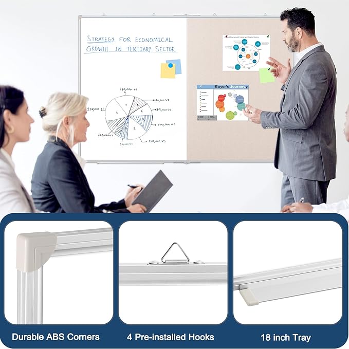 Large White Board Dry Erase Foldable Bulletin Board Combo, 60" x 40" Double Sided Dry Erase Board for Wall, Magnetic Whiteboard Bulletin Board with Linen for Office, Home, School, Kitchen -White