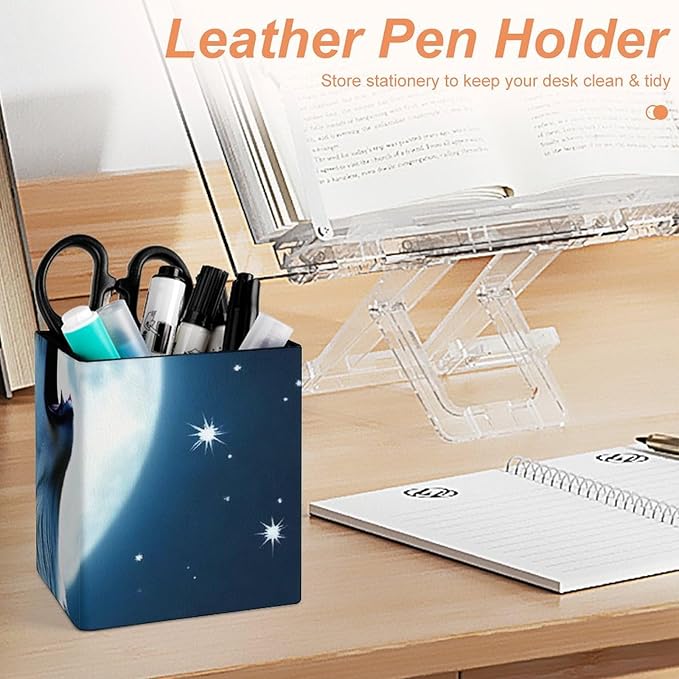 Holder Cup Makeup Brush Storage Organizer, Waterproof Multifunctional Office Supplies, Pen Holder Square Leather Pencil Full Moon Wolf