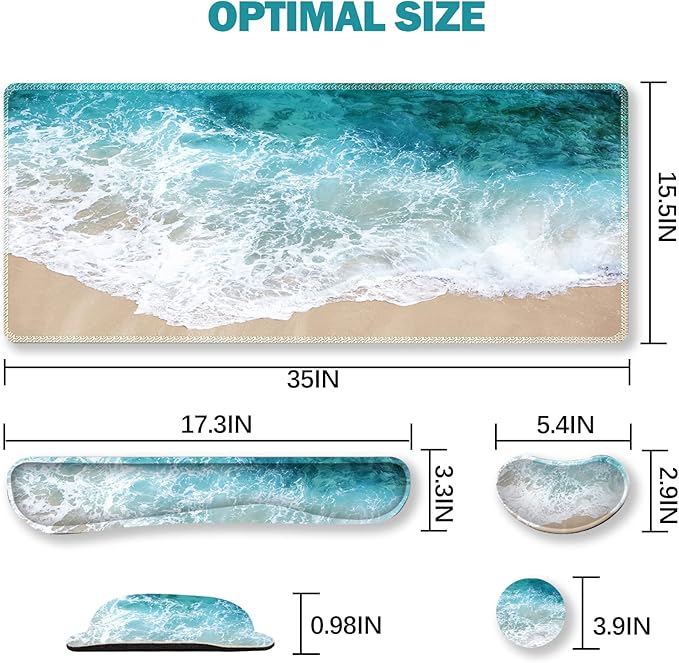 ARTSO Extended Gaming Mouse Pad Set, Keyboard Wrist Rest Support Pad + Wrist Cushion + XXL Large Mouse Pad + Coaster, Stitched Edge, Non-Slip, Memory Foam Desk Mat, Beach Waves