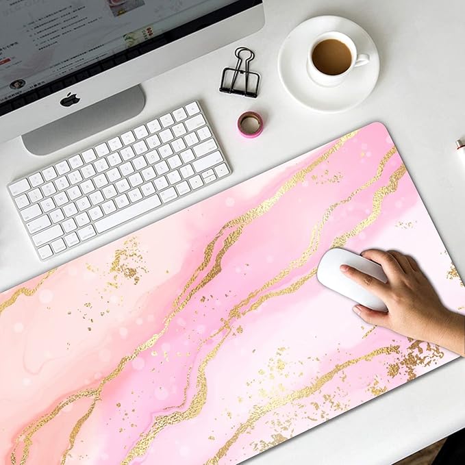 Extended Gaming Mouse Pad (31.5x11.8 in), Large Non-Slip Rubber Base Mousepad,Keyboard Mouse Mat Desk Pad for Work, Game, Office, Home -Rose Gold Watercolor Stripes Pink Marble（NO Glitter）