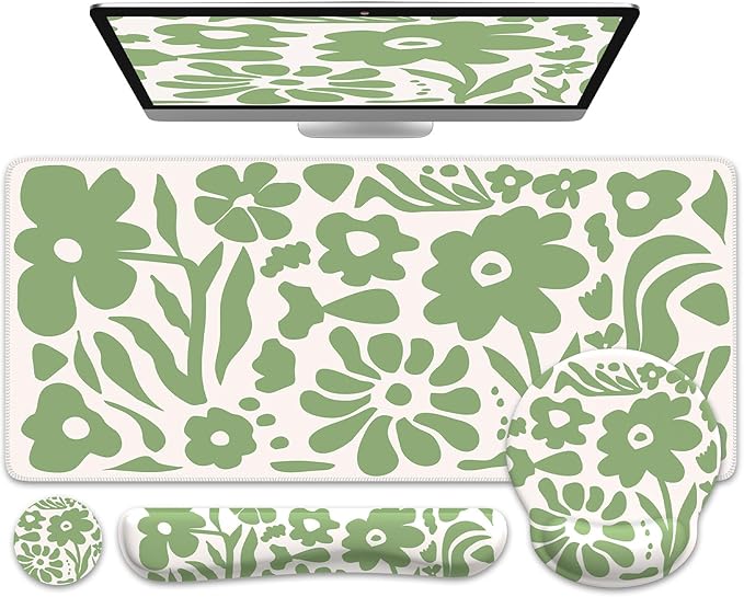 iCasso Desk Cover Mat, 4in1 Floral Large Mouse Pad with Wrist Rest, Desk Matt for Desktop, Anti-Slip XXL Big Computer Ergonomic Mousepad with Wrist Support for Keyboard and Mouse (Green)