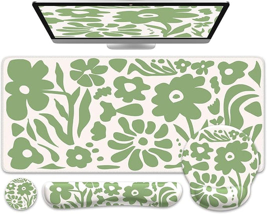 iCasso Desk Cover Mat, 4in1 Floral Large Mouse Pad with Wrist Rest, Desk Matt for Desktop, Anti-Slip XXL Big Computer Ergonomic Mousepad with Wrist Support for Keyboard and Mouse (Green)