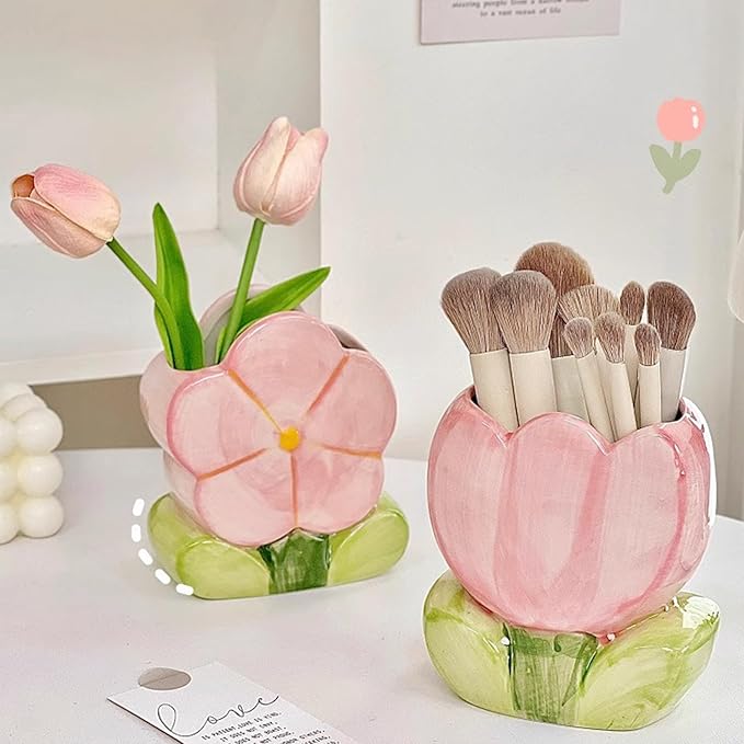 Pink Makeup Brush Holder Pen Holder for Office Desk Accessories Aesthetic Pencil Holder Cute Flower Home Decor Birthday Gifts for Women Vanity Toothbrush Holder Kawaii Kitchen Utensil Holder