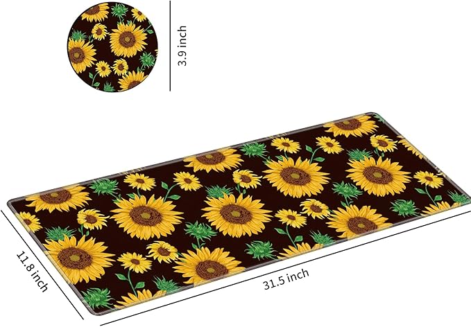 Large Gaming Mouse Pad with Stitched Edges, Desk Pad Protector, Computer Keyboard Mouse Mat Non-Slip Cute Desk Decor for Home/Office/Study Accessories+ Coaster, Sunflower Yellow