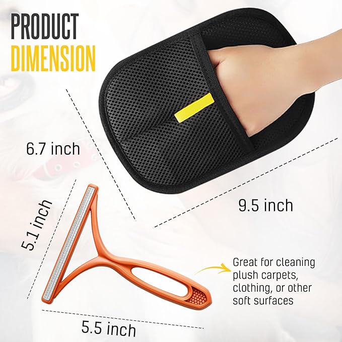 NEXIBY Pet Hair & Fur Remover Glove and Scraper Set – Electrostatic Dog & Cat Hair Cleaner for Sofa, Car Seats, Carpets and Clothes – Reusable, No Adhesive