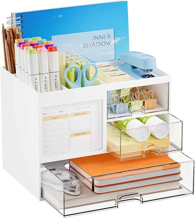 Marbrasse Desk Organizer with 3 Drawer, Multi-Functional Pencil Pen Holder for Desk, Desk Organizers and Accessories with 4 Compartments, Desktop Organizer Storage for Office Home Art Supplies (White)