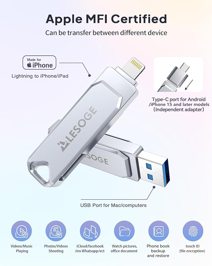 MFi Certified Flash Drive 256GB for iPhone USB Memory Stick, USB Stick High Speed Thumb Drives Photo Stick External Storage for iPhone/iPad/Android/PC