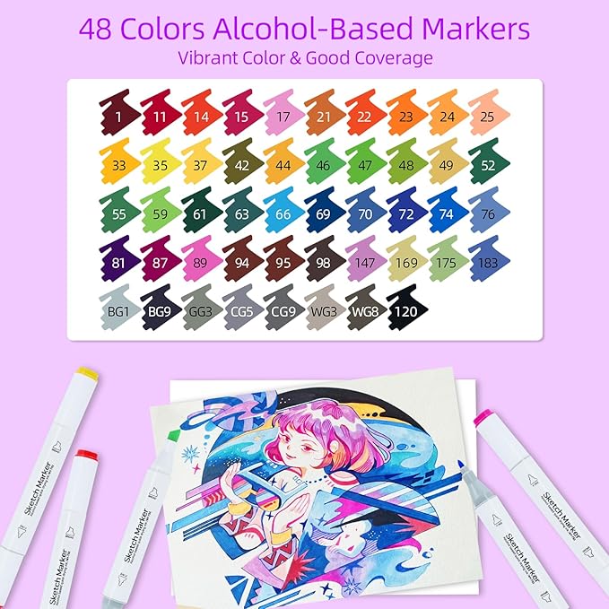 48 Colors Alcohol Markers, Dual Tip Art Markers with Brush Tip & Chisel Tips for Coloring, Illustrations, Drawing, Sketching Perfect for Adults