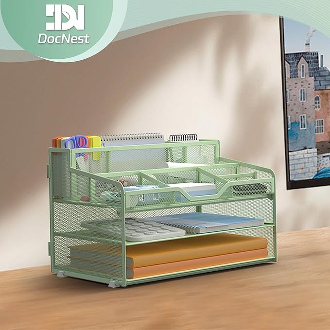 Docnest 3 Tier Mesh Desk Organizer for Paper Office Supplies – Multi-Functional Letter Tray with 5 Adjustable Compartments, 3 Pen Holders, Desktop Storage for Files, Mail, Stationery – Green