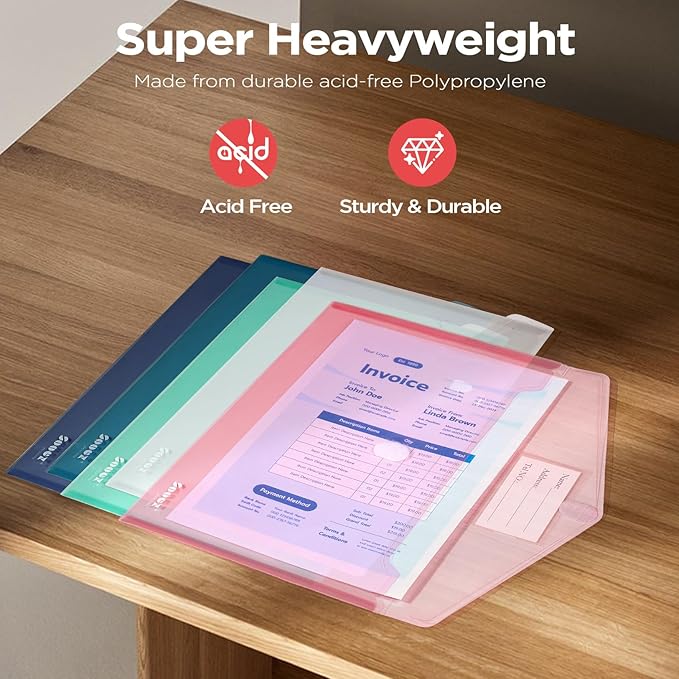Sooez 10Pack Plastic Envelopes, Plastic File Folders, Clear Folders for Documents Trendy Colors, Super Heavyweight Document Holders, Storage Pouches, File Envelopes for School Office Supplies