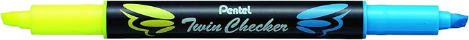 Pentel Twin Checker Dual-tip Highlighter, Chisel Tip, Yellow/Blue Ink, Pack of 12 (SLW8-GS)