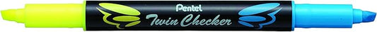 Pentel Twin Checker Dual-tip Highlighter, Chisel Tip, Yellow/Blue Ink, Pack of 12 (SLW8-GS)