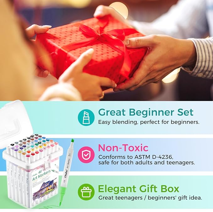 Ohuhu Brush Markers Alcohol Based: Double Tipped Art Sketch Drawing Marker for Artists Adults Beginners Coloring Landscape Architectural Design - Brush& Chisel - 48-color w/Marker Storage Case