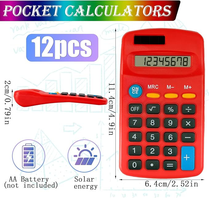 Blcculi 12 Pack Pocket Mini Calculators,Pocket Size Basic Calculators,Solar Battery Dual Power Function Calculator,8 Digit Display Small Calculator for Students Kids Home Office(6 Colors)
