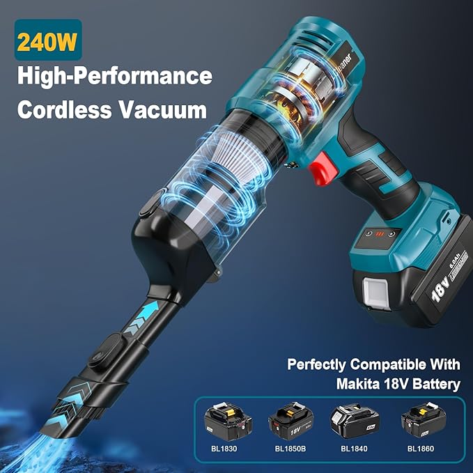 Adisipsoarin Cordless Vacuum Cleaner for Makita 18V Battery, Electric Handheld Vacuum Cleaner with 105AW Powerful Suction, Portable Vacuum Cleaner for Floor, Carpet, Car, Home (Battery Not Included)