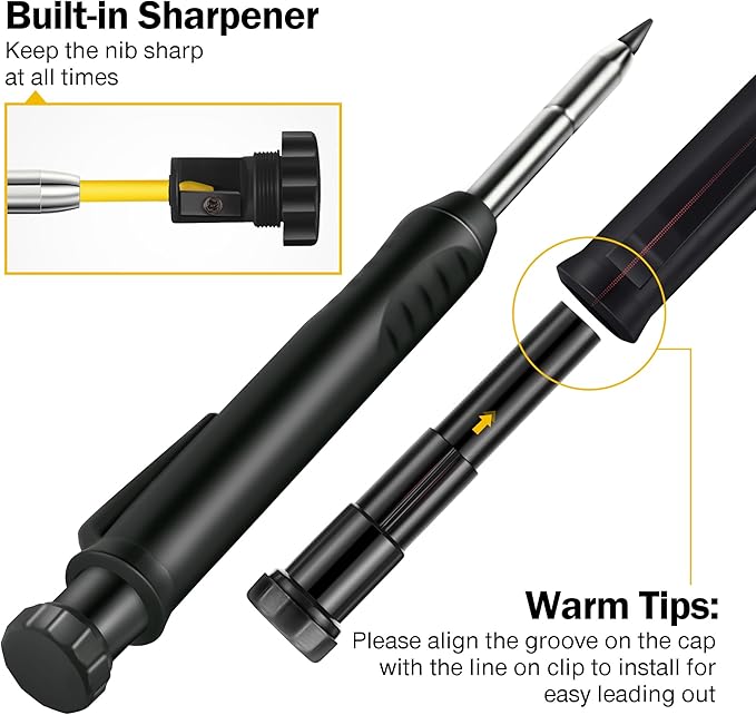 Hiboom 2 Pack Solid Carpenter Pencils with Pencil Cap and 18 Refills, Long Nose Deep Hole Mechanical Pencil Marker, Scribe Tool with Built-in Sharpener for Construction Woodworking Architect (Black)