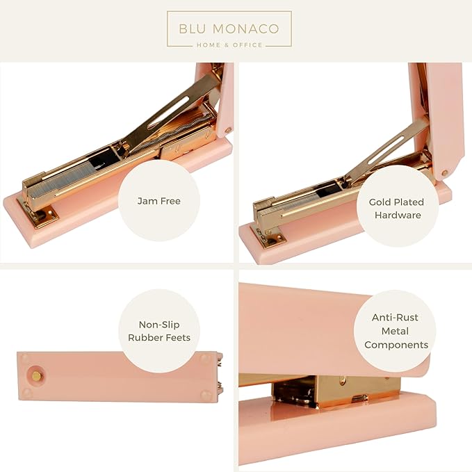 Blu Monaco Pink Stapler – Cute and Stylish Desk Stapler with Smooth Metal Mechanism – Aesthetic Office Stapler for Home, School, and Work – Chic Pink Office Supplies for Modern Workspaces