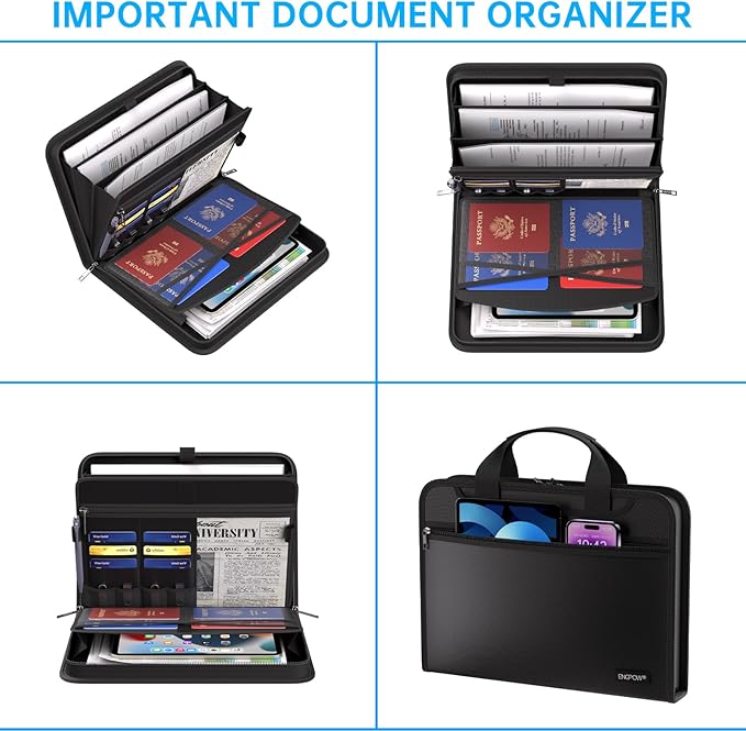 ENGPOW Document Organizer Folder,Fireproof Expanding File Folder with Multi Pockets,3 Pockets File Organizer with Handle,Portable Home Travel Safe Storage for Important Documents,Passport,Laptop
