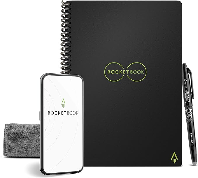 Rocketbook Core Reusable Spiral Notebook, Executive Size 6x8.8, Black - Lined Pages, App-Connected, Erasable, Durable Cover, Ideal for School, Work, and Creative Projects