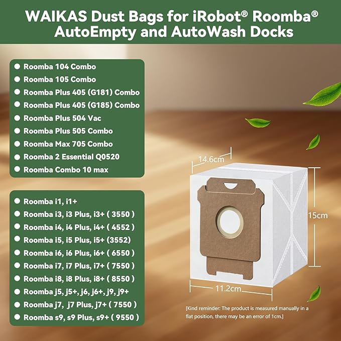 WAIKAS 6 Pack Replacement Roomba Vacuum Bags for iRobot Roomba 104 105 405 505 705 Combo 10 Max, 2 Essential, i7+ i3+ i4+ i6+ i8+ j7+ j9+ s9+, i s j Series, All Clean Base Automatic Dirt Disposal Bags