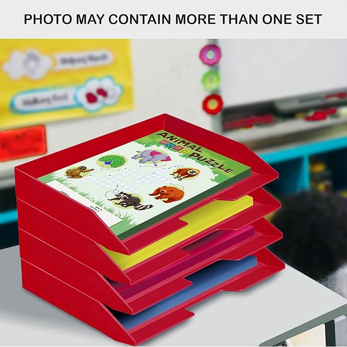 Acrimet Stackable Letter Tray 3 Tier Side Load, Plastic, Desktop File Organizer (Solid Red Color)