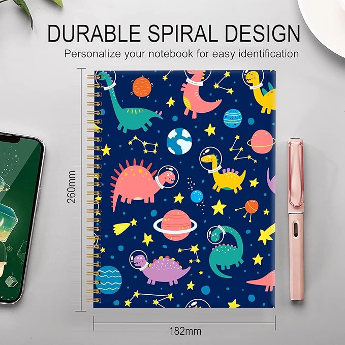 Spiral Journal Notebook for Women,A5 College Ruled Notebooks 6"x 8.4", 120 Pages Lined Journal with Premium Thick Paper,Perfect for School Office Home Gifts(Funny dinosaurs planets)