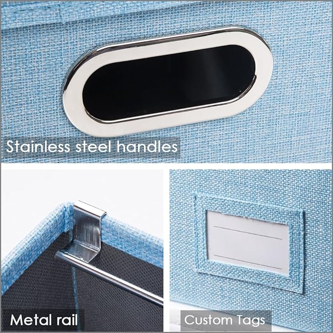 PRANDOM File Organizer Box - Set of 4 Collapsible Decorative Linen Filing Storage Hanging File Folders with Lids Office Cabinet Letter/Legal Size Blue 17.1x14x11.1 inch