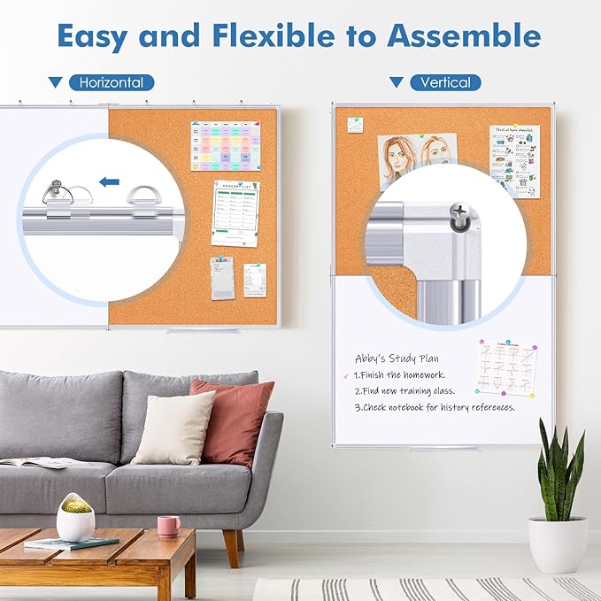 Magnetic White Board and Cork Board Combo, 48 X 36 inches Whiteboard Bulletin Combination Board, Wall Mounted Dry Erase Message Board for Home, School and Office