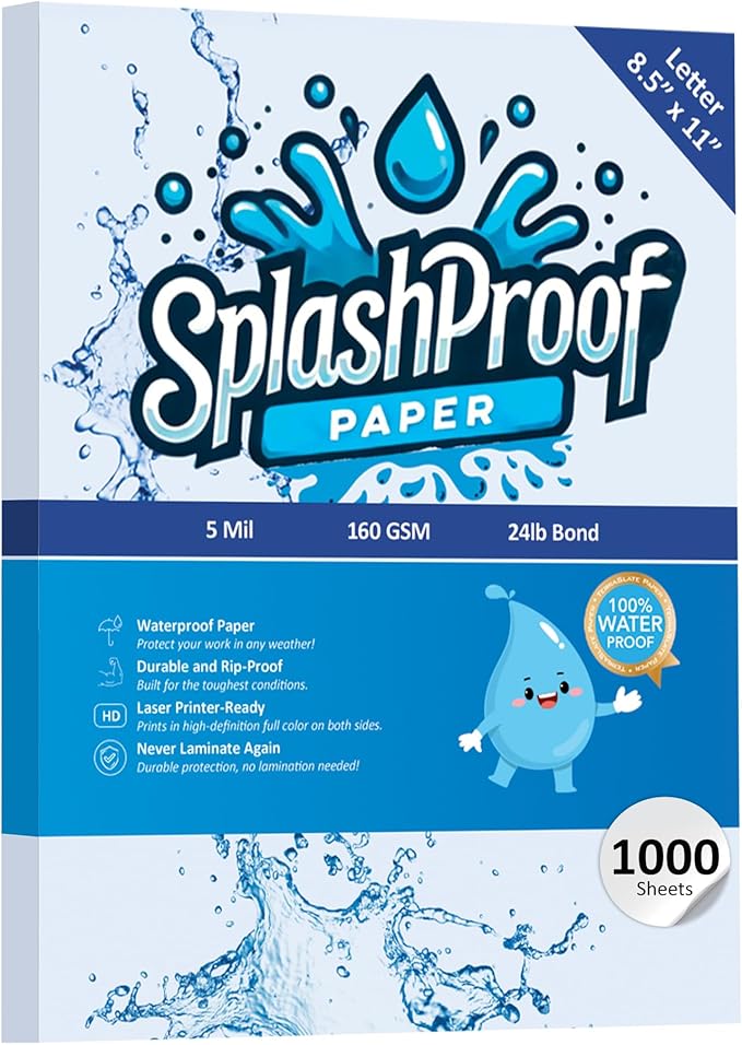 Printer Paper - 8.5" x 11", 5 Mil Waterproof Paper, Laser Printer & Copy Machine Compatible (8.5" x 11" - Letter, 1,000 Sheets)