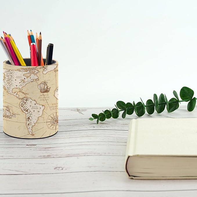 Vintage World Map Pen Holder Pencil Organizer Cute Pencil Cup Desk Decor Makeup Brush Holder PU Multifunctional Office Suppliesfor Home Classroom School