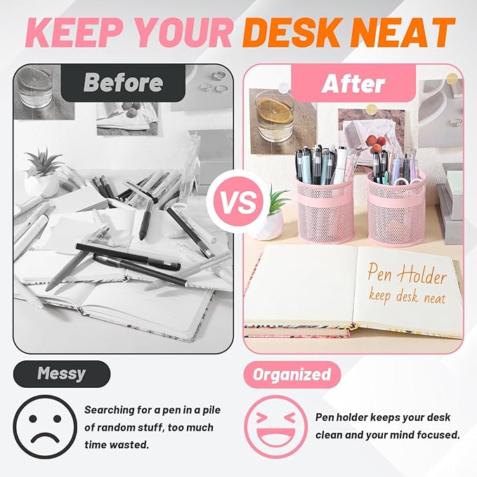 Segarty Pencil Holder, 6 Pack Pink Pen Holder for Desk, 3.9 x 4.2 inch Large Mesh Round Pen Cup Container Set Desktop Accessories Organizer for Office Supply, School Classroom, Makeup Brush