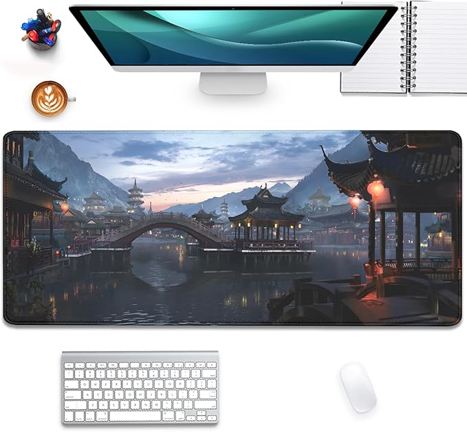Japanese Style Ancient Pavilion Sky Mountains Extended Desk Pad Mouse Pad,Stitched Edges Non-Slip Rubber Base XL Mouse Mat Desk Mat for Office Home Work Mousepad(27.5X11.8 Inch)