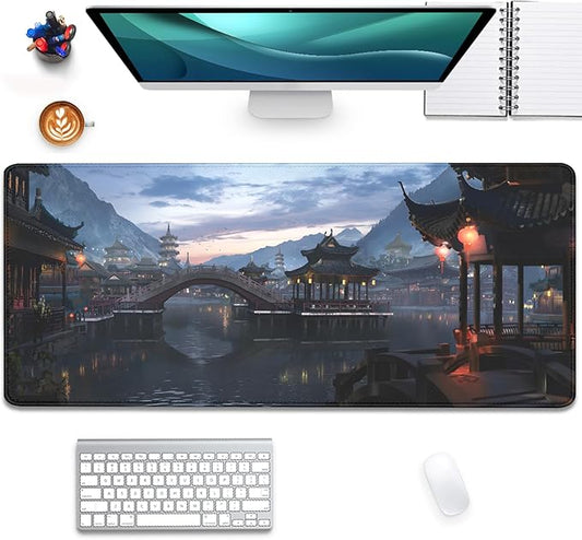 Japanese Style Ancient Pavilion Sky Mountains Extended Desk Pad Mouse Pad,Stitched Edges Non-Slip Rubber Base XL Mouse Mat Desk Mat for Office Home Work Mousepad(27.5X11.8 Inch)