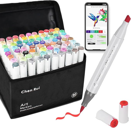 YHC 80 Colors Alcohol Brush Marker with Free App, Chen Rui Dual Tips Art Markers for Adults and Kids, Alcohol Based Brush & Chisel Tips Markers for Drawing, Coloring, Painting, Sketching