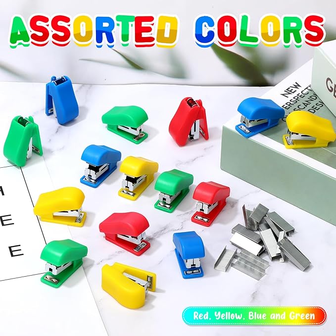 Fainne Mini Stapler with Staples, Portable Multicolor Small Stapler, Hand Held Desk Staplers, Cute Office Supply Set for Office College, 4 Colors (Classic Color,60 Pcs)