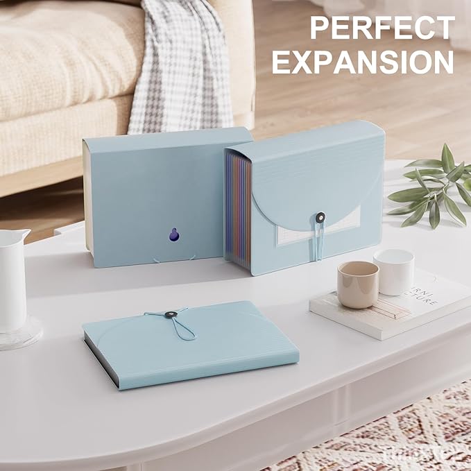 ThinkTex Accordion File Organizer, 12 - Pocket Expanding File Folders for Paper Receipts, Bill&Taxes Organizer, Letter/A4 Size Document Holder for School, Office, Home with Colorful tabs-Light Blue