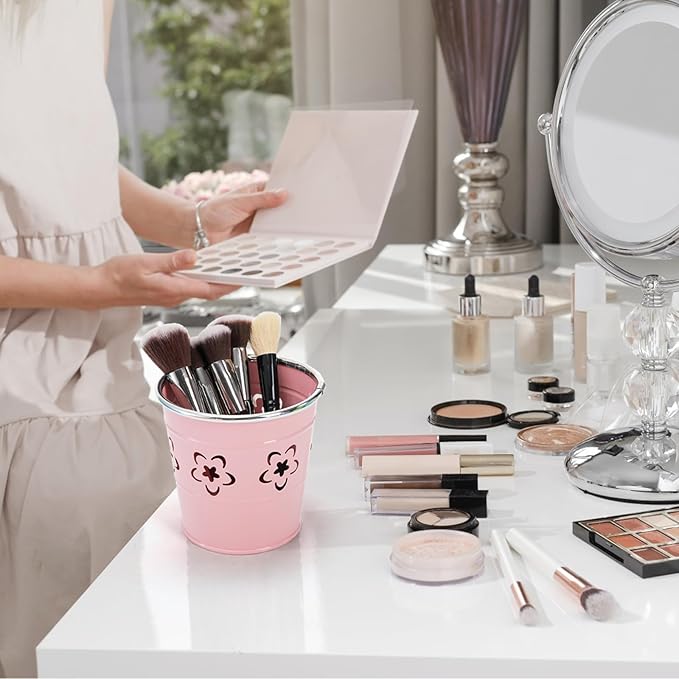 9 Pack Metal Pen Holder Cup, Desktop Pencil Bucket with Flower Pattern, Mini Makeup Brush Storage Organizer, Colorful Stationary Supplies Container for Office Classroom School Crafts(9 Color)