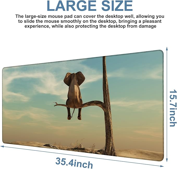 A Elephant Gaming Mouse Pad 3mm Thick Stitched Edge Waterproof Non-Slip Large Computer Keyboard Mouse Mat,Suitable for Office Entertainment Decorative Desk Pad 35.4 x 15.7 Inches