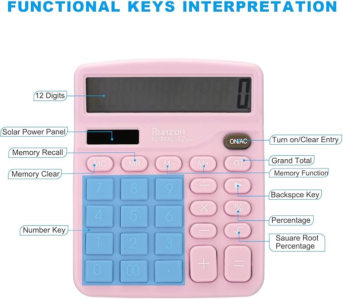 PATIKIL Desk Calculator, 12 Digits Large LCD Display Electronic Calculator Solar Battery Dual Power for Home Office Desktop, Pink