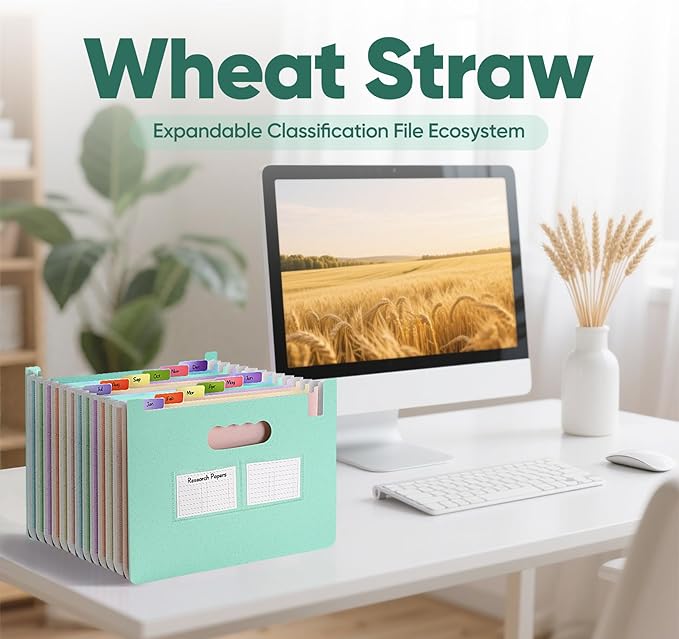 Accordion File Organizer with 13 Pockets, Wheat Straw Expanding File Folder with Lable Pocket,Upright Open Top,A4/Letter Size Paper Document Storage Organizer for School,Home and Office Supplies