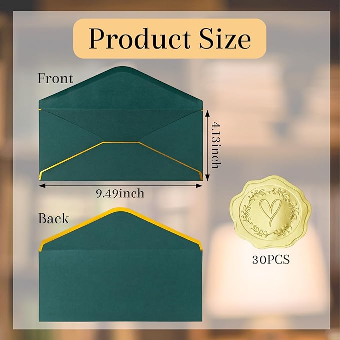 30 Pack #10 Business Envelopes with Gold Border and Stickers, 9.49x4.13 Inch Self Seal Standard Envelopes for Office, Letters, Checks, Invoices, Documents(Dark Green)
