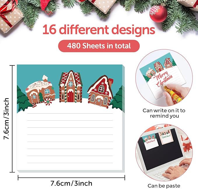 16 Pcs Christmas Sticky Note Pads with Santa Claus，Candy，Socks, Work-Study Notes, 480 Pieces of Self-Adhesive Removable Memo Pads 16 Styles, 30 Sheets Each for Labels, Lists