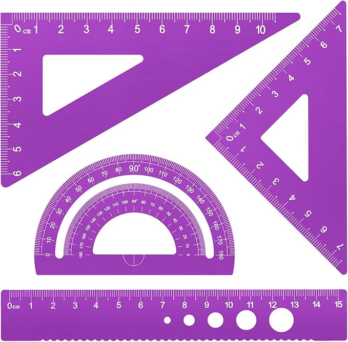Honagu Triangular Ruler Set, 4 Pieces Aluminum Alloy Ruler, Metal Drafting Ruler, Geometric Protractor for Students, Draftsmen, Engineers, School Office Supplies (Purple)