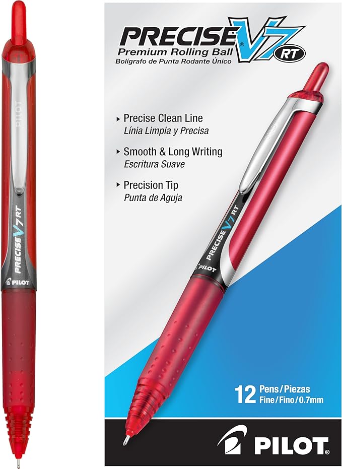 Pilot Precise V7 RT Refillable & Retractable Liquid Ink Rollerball Pens, Red Ink Pens, Fine Point (0.7 mm), 12-Pack - Ideal for School, Journaling, and Office Writing