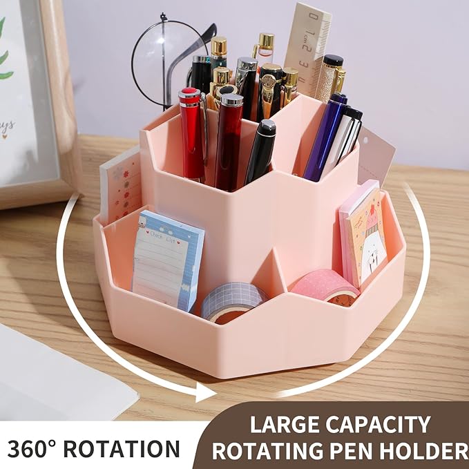 INSTOME Desktop Organizer with Pencil Holders,360°Rotating Pen Holder for Desk Organizer,9 Compartments and Makeup Brush Holders,Multifunctional Office Supplies for Home,Teachers and School (Pink)
