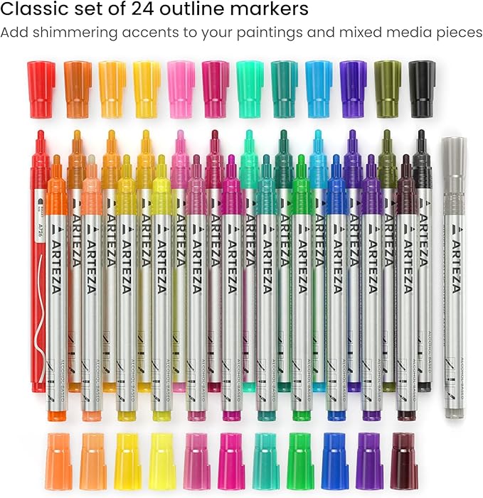 Arteza Double Outline Markers, 24 Colors, Silver Alcohol Markers, Create Metallic Lines with Vivid Color Outlines, Work on Cards, Paper, and Canvas