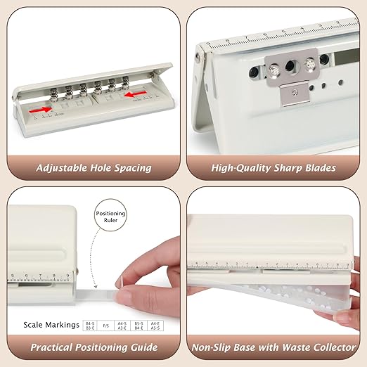 Metal Adjustable 6 Hole Punch for A5 A6 A7 Binders/Planners, Paper Hole Puncher 6 Ring with Guide Rule, 6 Sheet Capacity, Heavy Duty 6 Hole Punch for Binder/Agenda/Notebook/Bookbinding DIY (Off White)