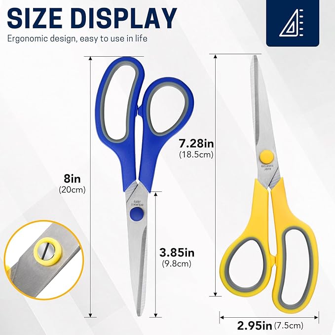 8" 12 Pack All Purpose Heavy Duty Scissors- Comfort-Grip Sharp Scissors for Office School Sewing Fabric Craft High/Middle School Student Teacher Scissor, Right/Left Hand