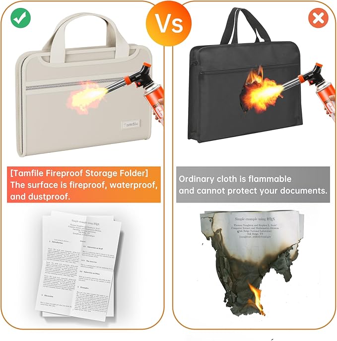 Tamfile Fireproof Accordion File Organizer with Handle, 13 Pocket Expanding File Folder with Zipper & Labels, File Folder with Multi-Pockets Paper Organizer Folder for Letter A4 Files, Beige